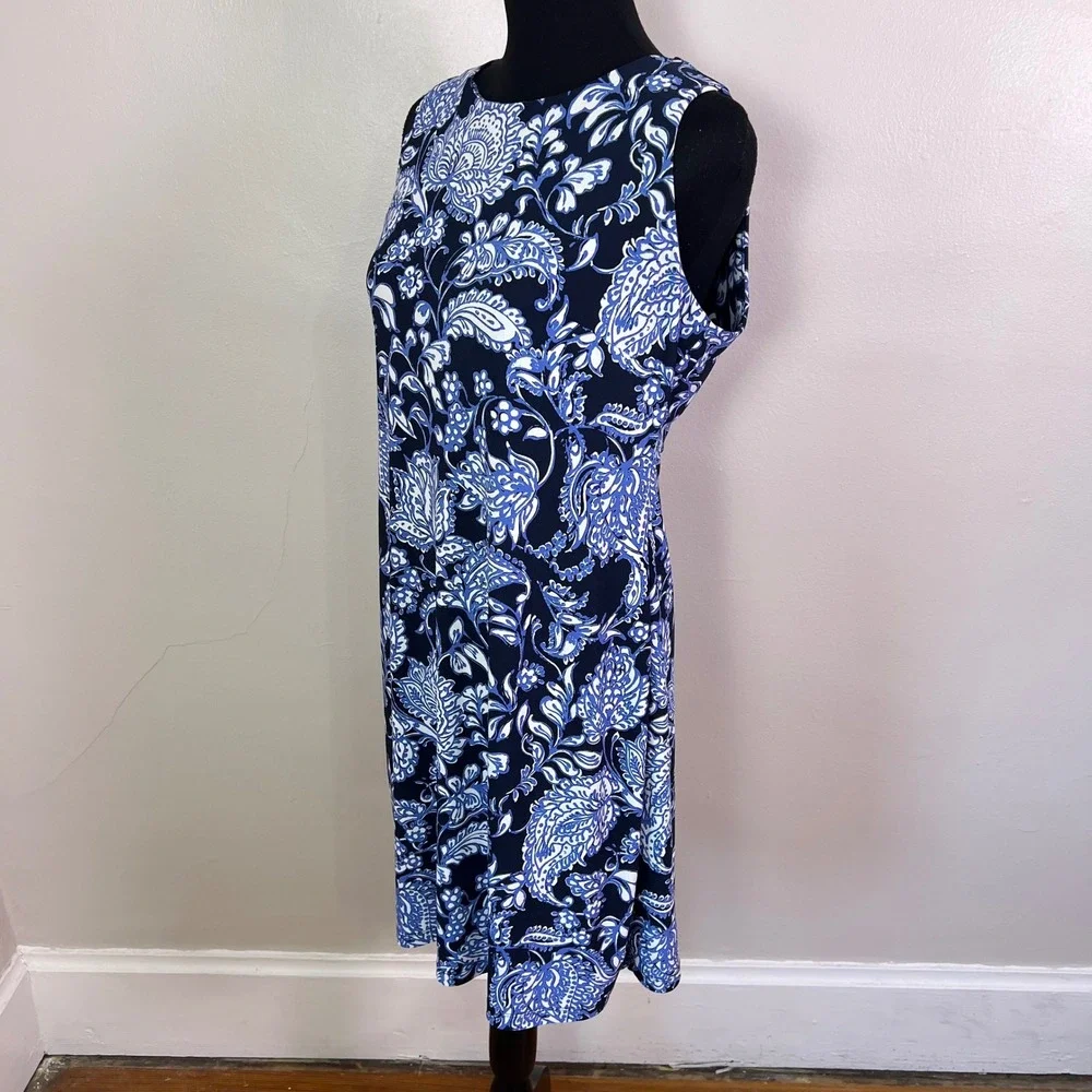 Tommy Hilfiger Paisley Floral Sheath Dress 8 Blue White Sleeveless Coastal Mod - Picture 3 of 7